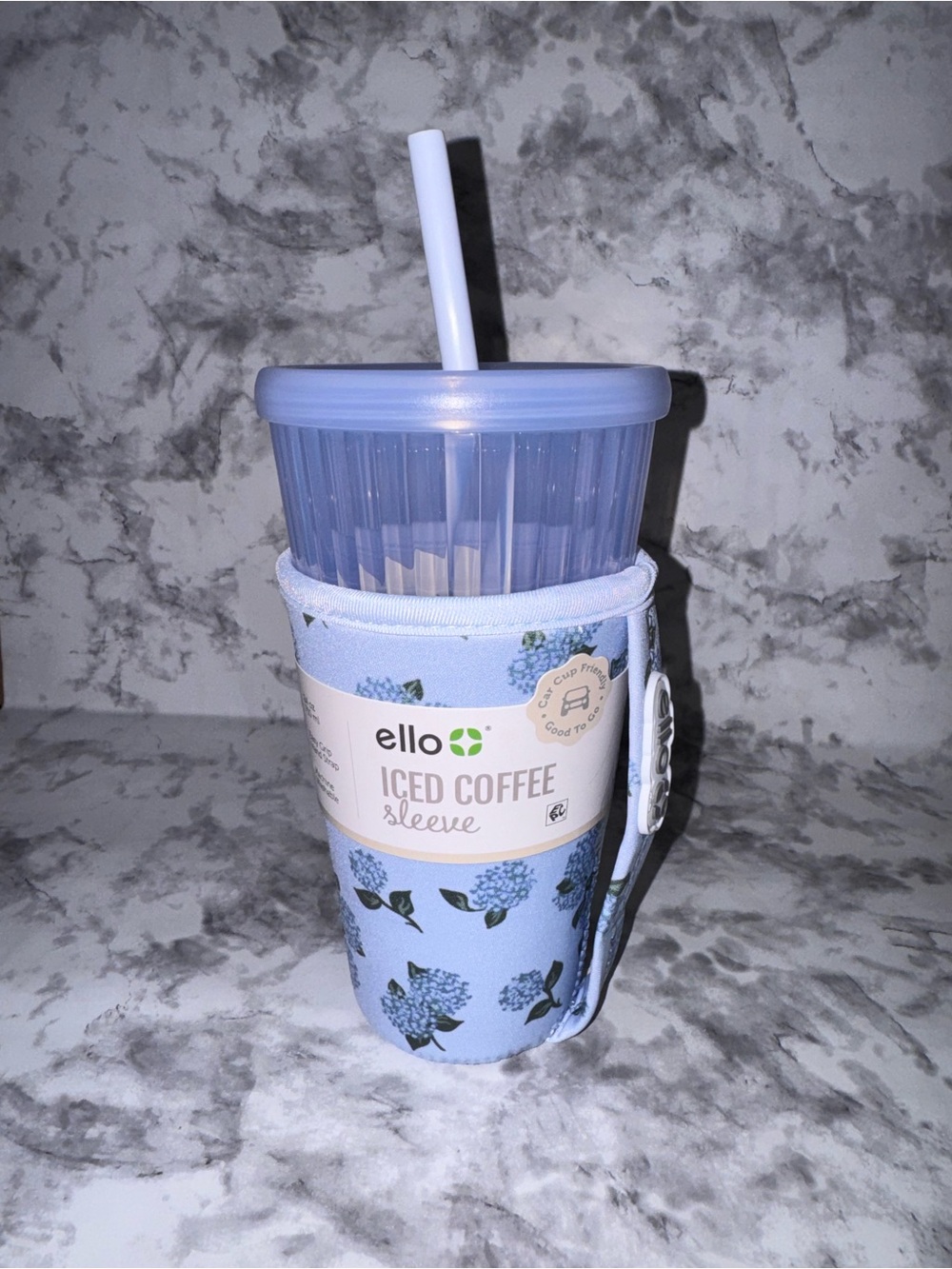 Light Blue Iced Coffee or any cold drink Tumbler with hydrangeas Sleeve 24oz